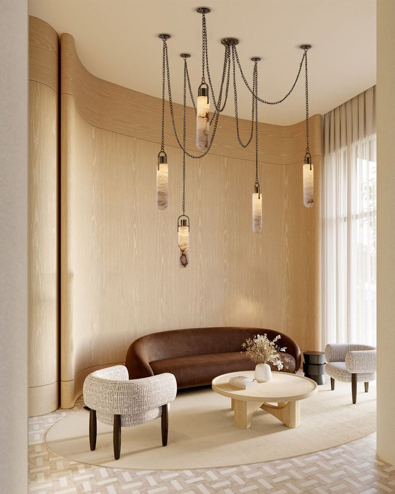 Natural Alabaster 7-Light Cluster Pendant for Dining Living – Organic Modern, Brass, Flint Collection - LightsStory Chandeliers & Crystal Lighting - USA