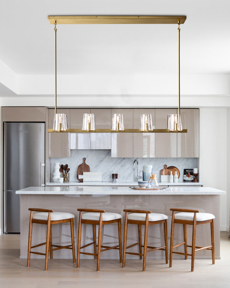 Ravello Clear Glass Tapered Lantern Shade Linear Chandelier - Clear Glass, Serene Black Trim - Living Rooms, Bedrooms, Dining Rooms - Crystal Clear Glass, Heritage Brass, Serene Black Trim - Kitchen Islands & Dining Rooms