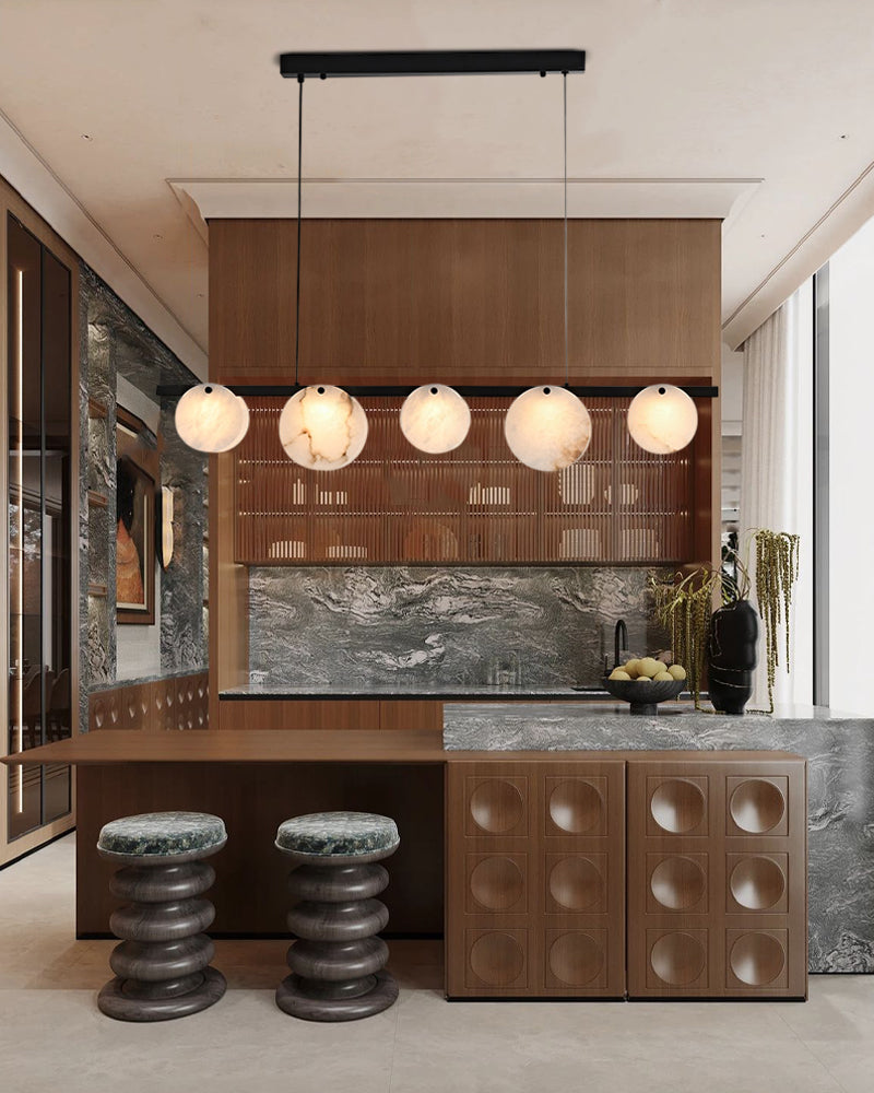 Alabaster Floating Disc Linear Pendant Light - Natural Spanish Alabaster Discs, Serene Black Trim - Kitchen Islands & Dining Rooms