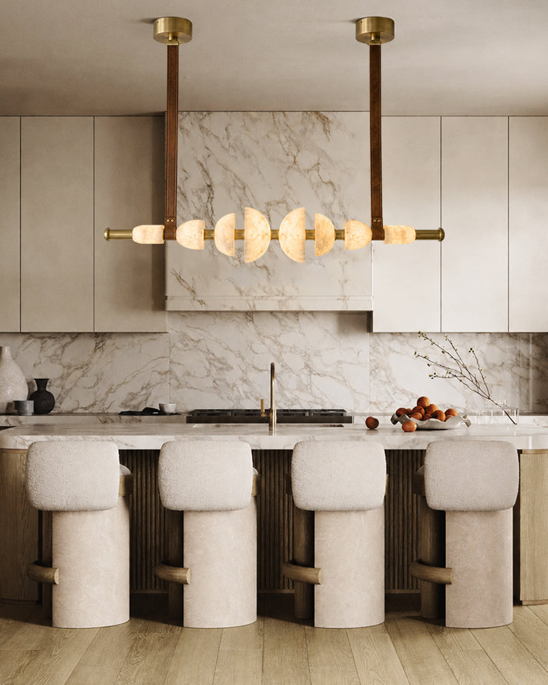 Alabaster Leather Suspended Linear Semi Sphere Crescent Pendant Light - Natural Spanish Alabaster Crescents, Leather & Lux Brass Trim - Kitchen Islands & Dining Rooms