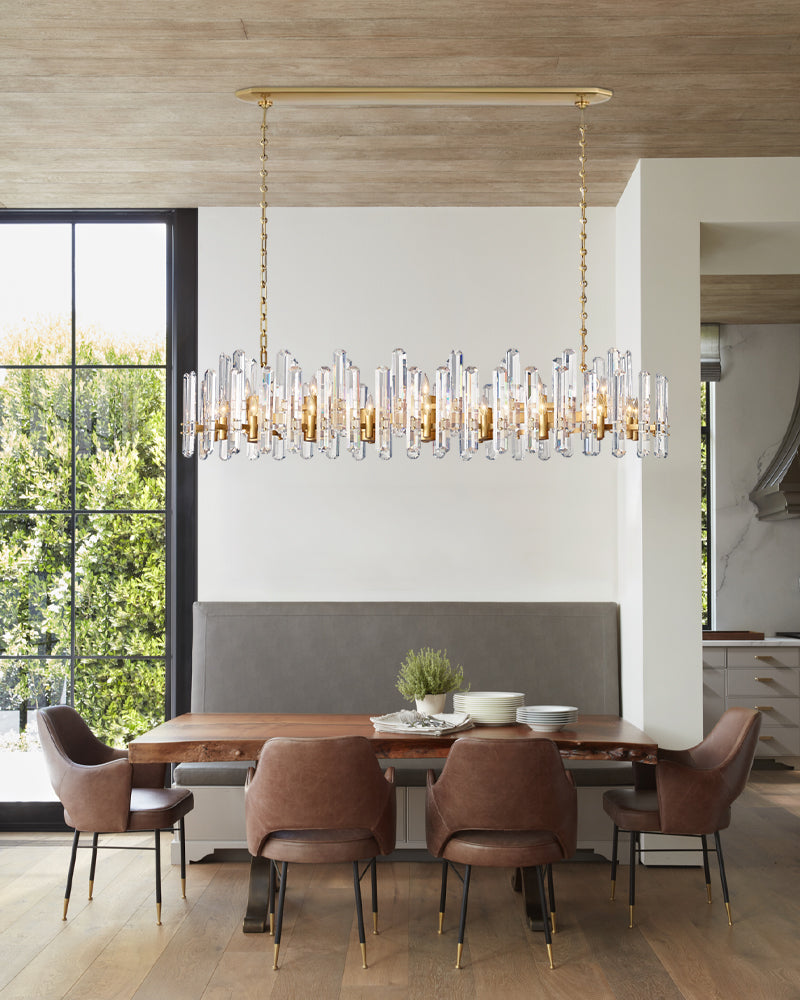 K9 Crystal & Brass Multi-Tier Linear Chandelier for Dining Room – Geometric, Copper Finish, Prism Collection - LightsStory Chandeliers & Crystal Lighting - USA