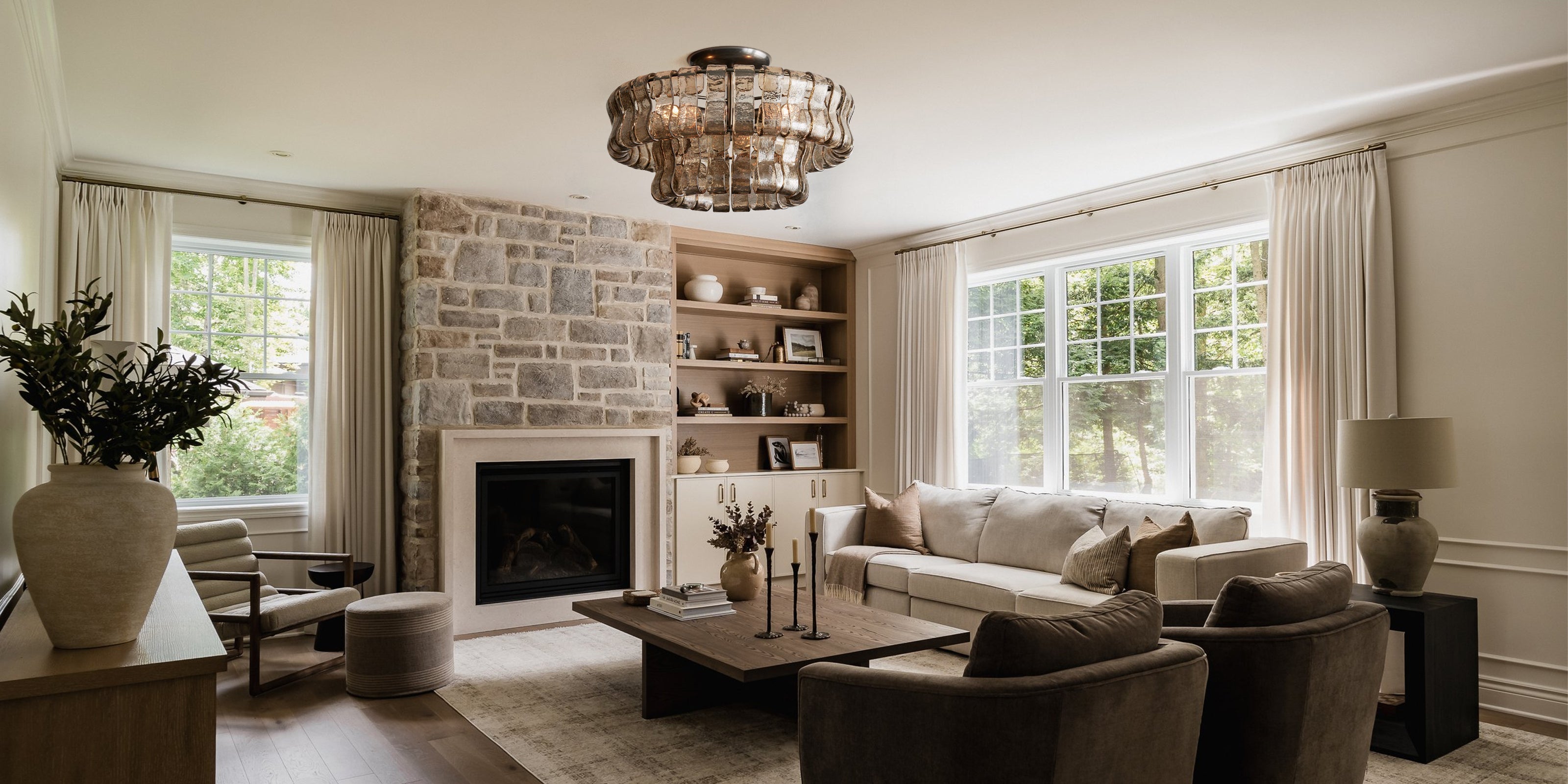 Art Multi-Tier Flush Mount Ceiling Light - Ghiaccio Glass in Bronze Brass