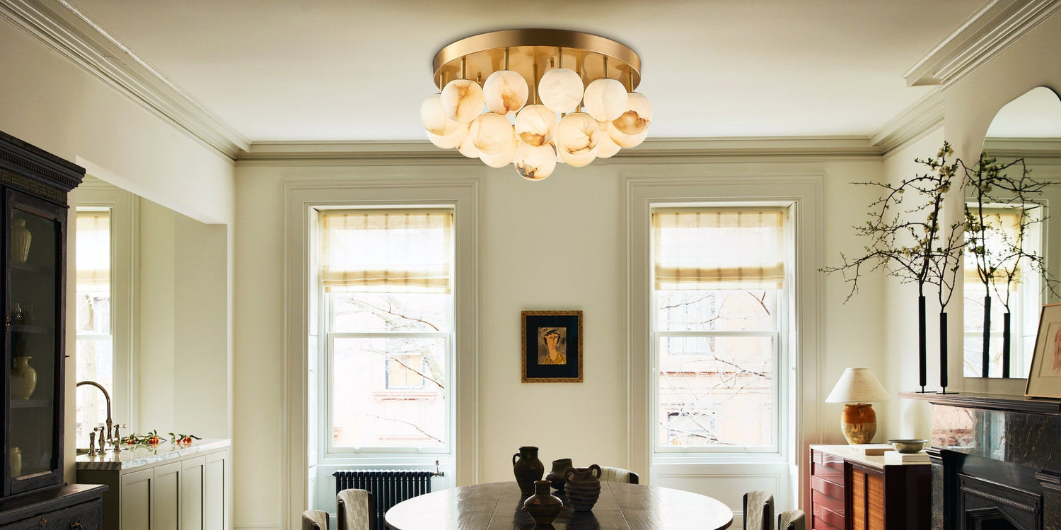 Soft Brass and Faux Alabaster Semi Flush Mount with Etched Opal Marble Shades - LightsStory Chandeliers & Crystal Lighting - USA