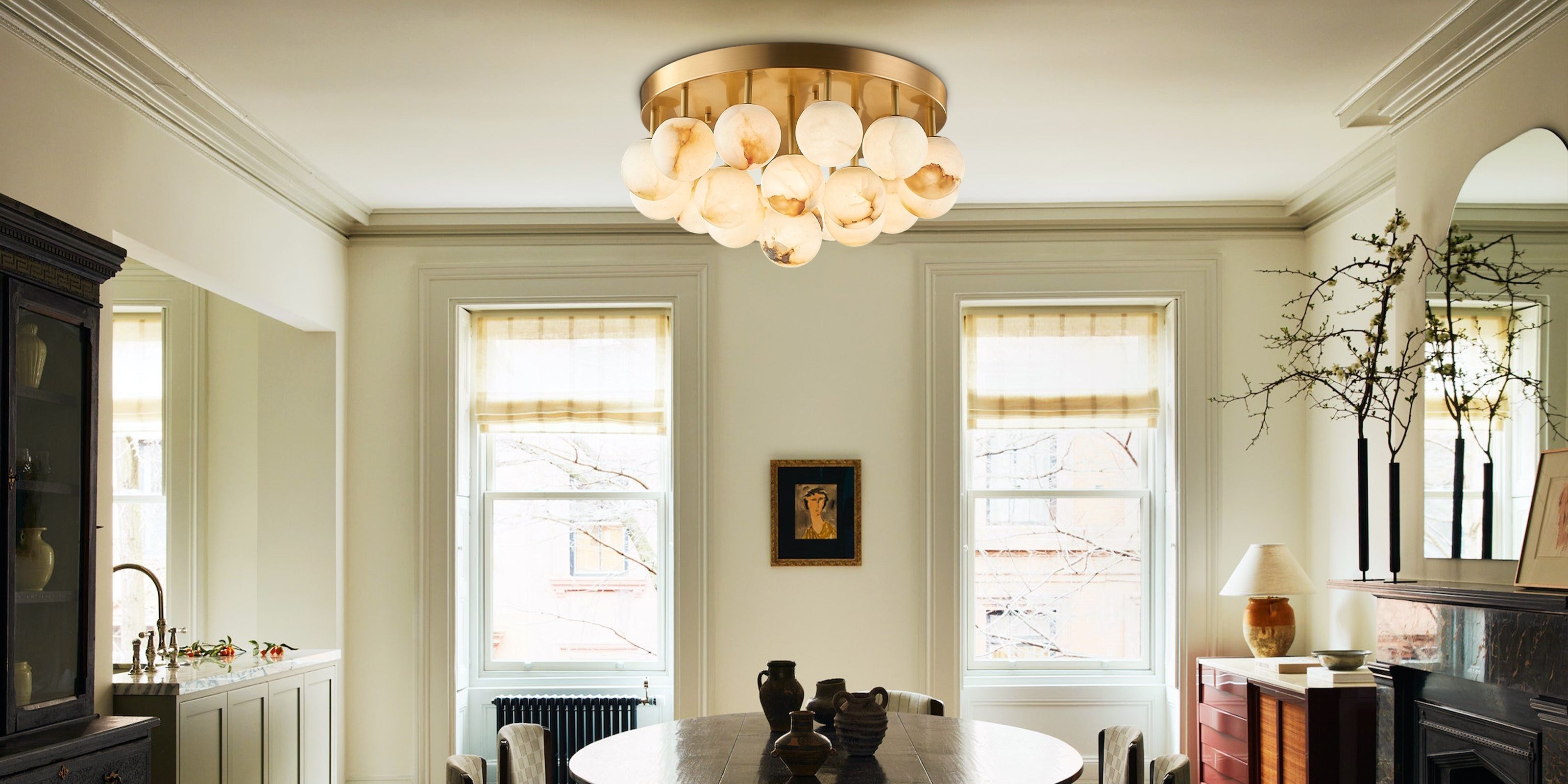 Soft Brass and Faux Alabaster Semi Flush Mount with Etched Opal Marble Shades - LightsStory Chandeliers & Crystal Lighting - USA