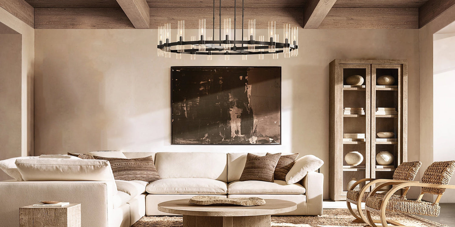 Lacquered Black/Brass Metalwork Linear Ravelle Clear Glass Chandelier Wide for dining room table - LightsStory Chandeliers & Crystal Lighting - USA