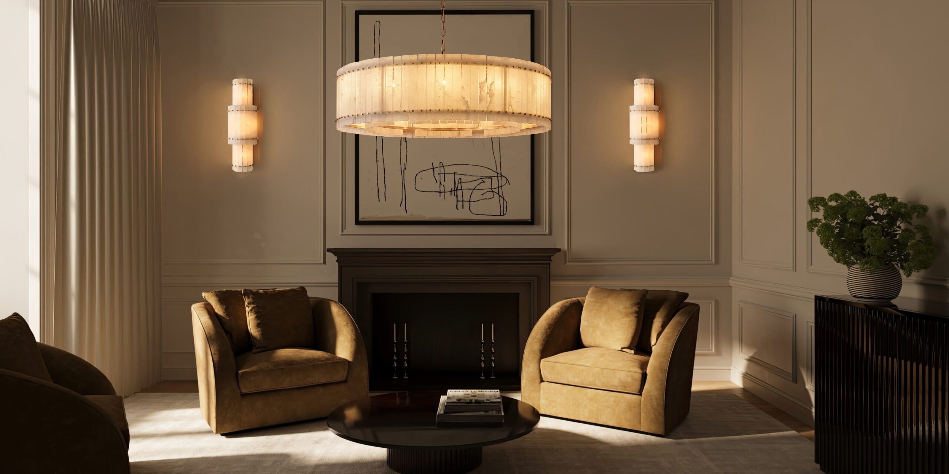 Natural Alabaster Linear Chandelier for Dining Room – Mid-Century Modern, Steel, San Marco Collection - LightsStory Chandeliers & Crystal Lighting - USA