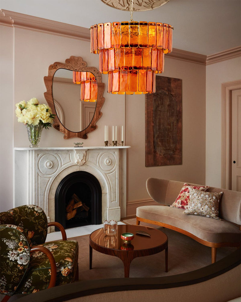 Murano Glass Multi Tiered Citrus Amber Glass Tile Waterfall Chandelier - Hand-Blown Murano Glass, Lux Gold Trim - Living Rooms, Bedrooms, Dining Rooms