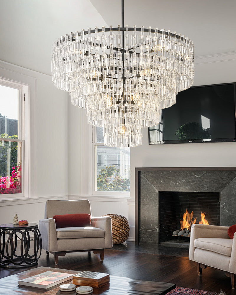 Montreux Series Cascading Chandelier | Four-Tier Round Hand-Set Prismatic Crystals; Interlocking Steel, Premium Gold or Matte Black for Grand Entryways, Dining Areas, and Living Rooms - LightsStory Chandeliers & Crystal Lighting - USA