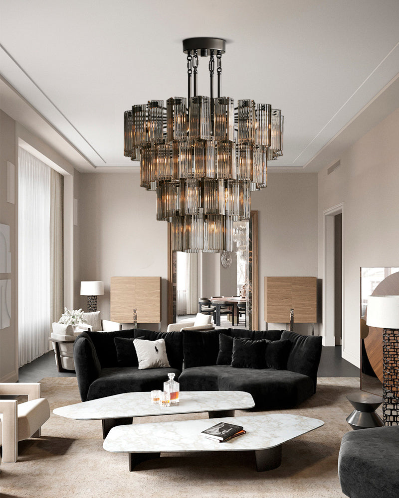 Saint-Cirq Series Geometric Chandelier | 5-Tier Round Hand-Arranged Reeded Smoky Glass and Steel, Premium Brass for Grand Entryways and Dining Rooms