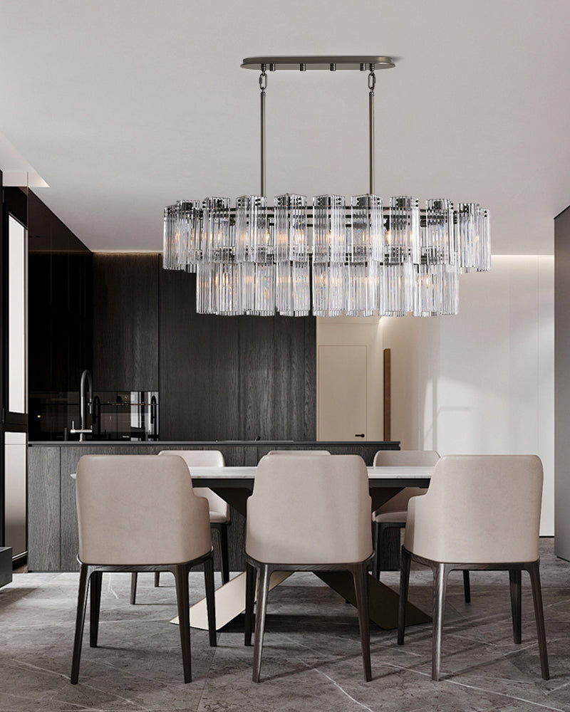 Saint-Cirq Series Refractive Chandelier | Rectangular Tier Reeded Clear and Smoke Glass Panels with Steel, Brushed Black or Brass for Dining Rooms and Entryways