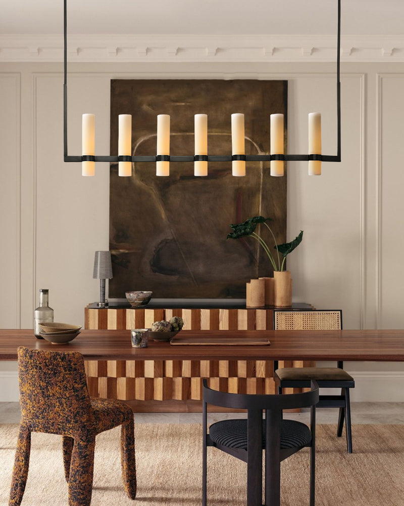 Opal Glass Cylinder Candle Multi Light Linear Chandelier - Serene White Opal Glass, Lux Gold Trim - Kitchen Islands & Dining Rooms