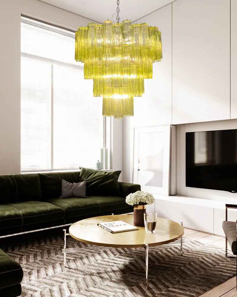 Cortina Series Cascading Chandelier | Multi-tiered Fluted Glass Handcrafted Fluted Murano-Inspired Green Glass, Satin Brass Frame with Silver and Gold Tones for Grand Entrances and Dining Rooms - LightsStory Chandeliers & Crystal Lighting - USA