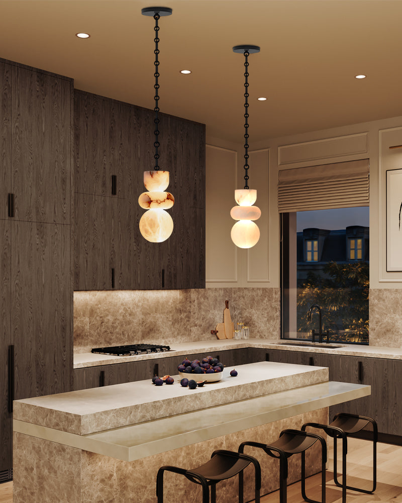 Spanish Alabaster LED Multi-Light Pendant for Staircase – Minimalist, Organic Stone, Celestial Series - LightsStory Chandeliers & Crystal Lighting - USA