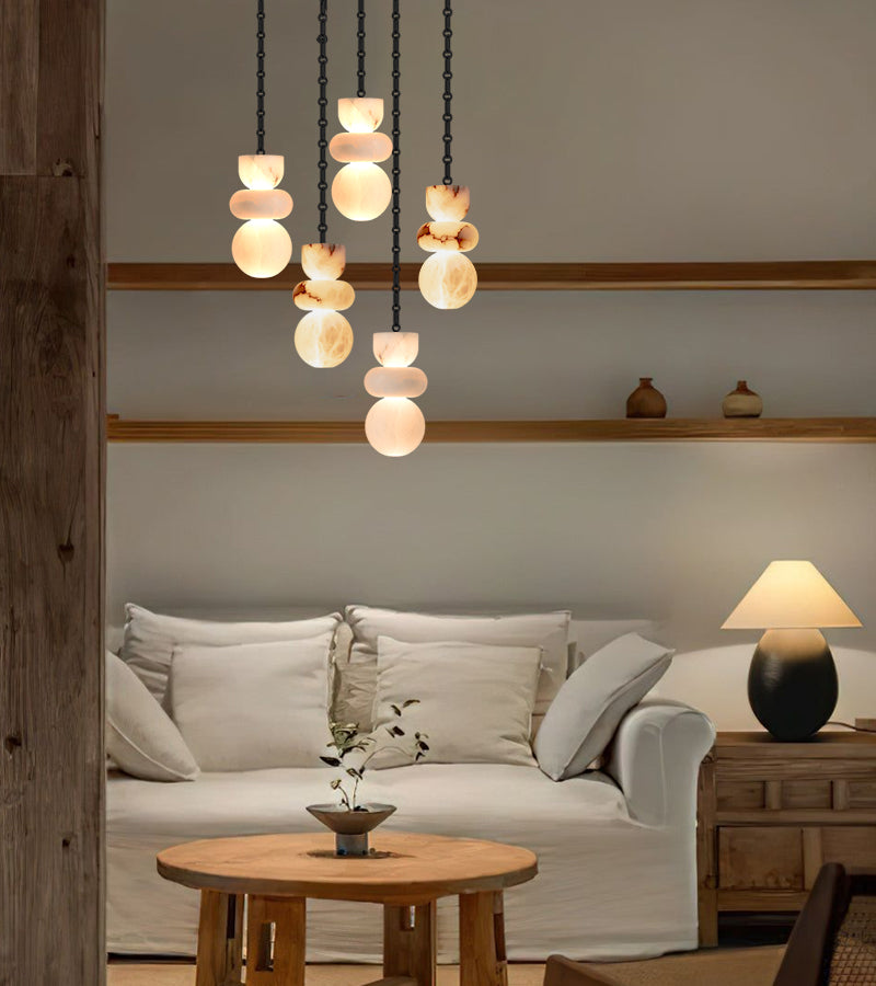 Natural Alabaster Cluster Pendant for Dining & Entry – Coastal Modern, Brass & Black Finish