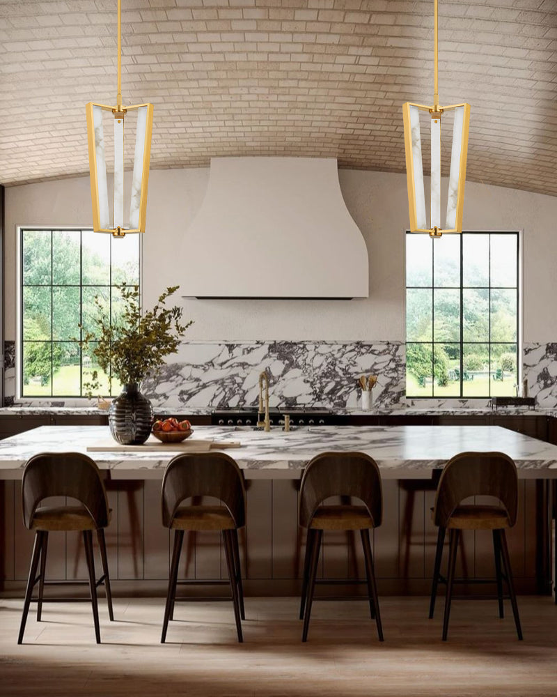 Alabaster & Brass Linear LED Pendant for Dining Room – Modern Architectural, Aged Brass, Edgemere - LightsStory Chandeliers & Crystal Lighting - USA