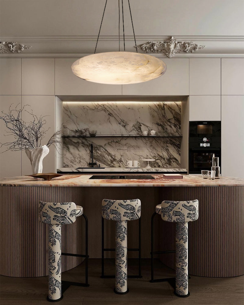 Alabaster Shallow Oval Disc Moon Pendant Light - Natural Spanish Alabaster Bowl, Heritage Brass Trim - Kitchens, Dining & Living Rooms