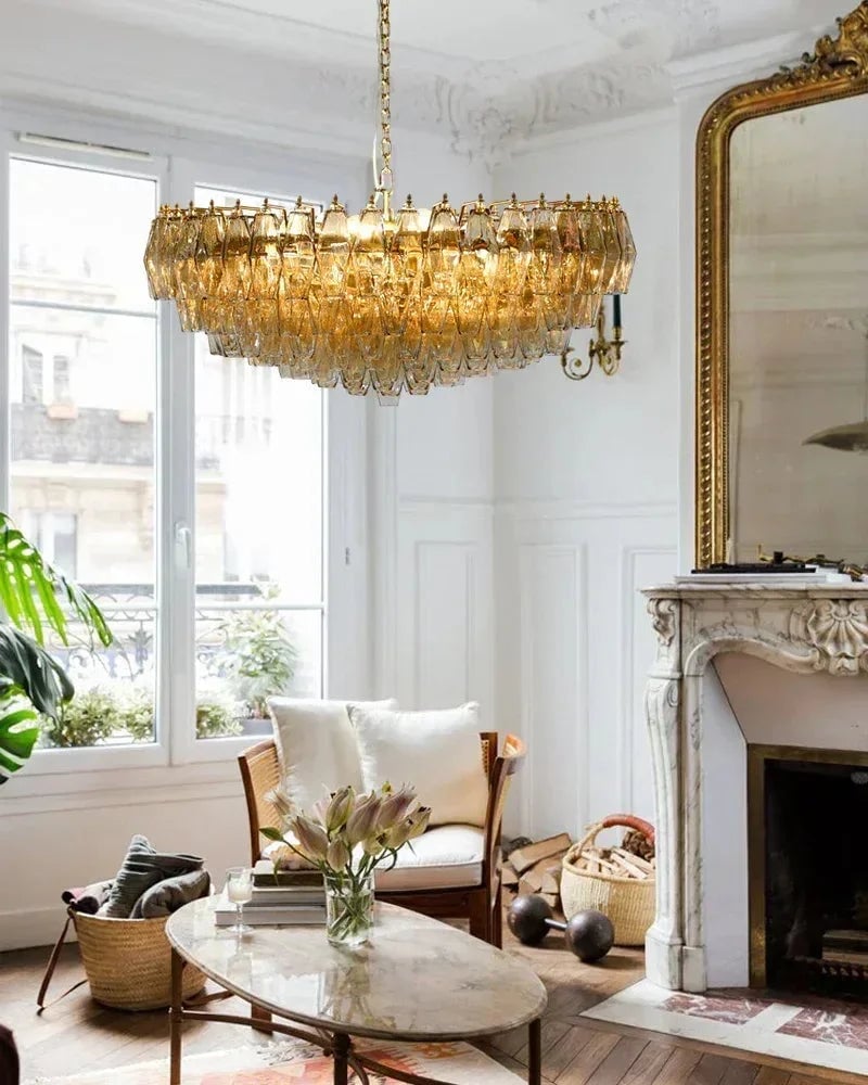 Cortina Murano Glass Multi Tiered Prism Gemstone Chandelier - Handblown Glass, Serene Brass Trim - Living Rooms, Bedrooms, Dining Rooms
