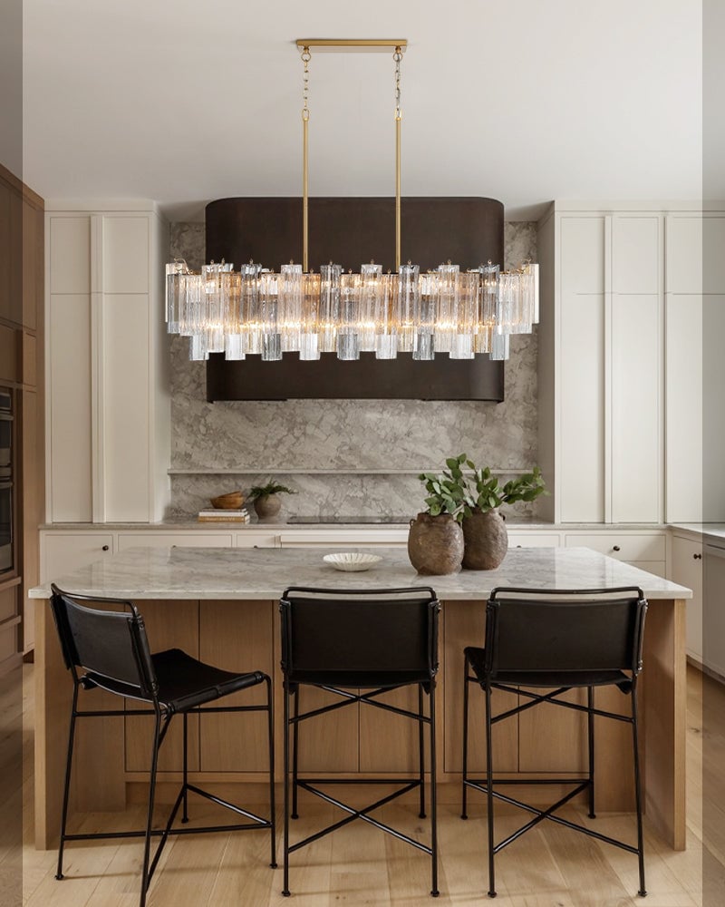 Cortina Murano Glass Concentric Ghiaccio Glass Fluted Rods Linear Chandelier - Crystal Clear, Lux Gold Trim - Kitchen Islands & Dining Rooms