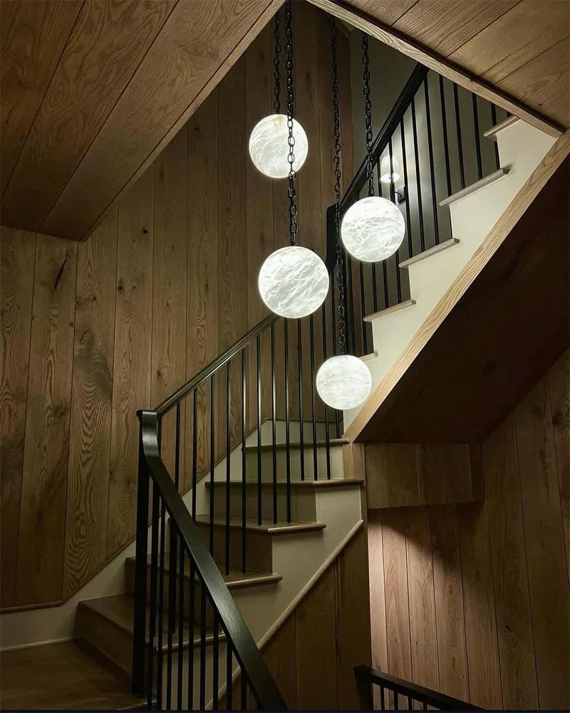 Alabaster Globe Sphere Chain Rope Pendant Light - Natural Spanish Ala