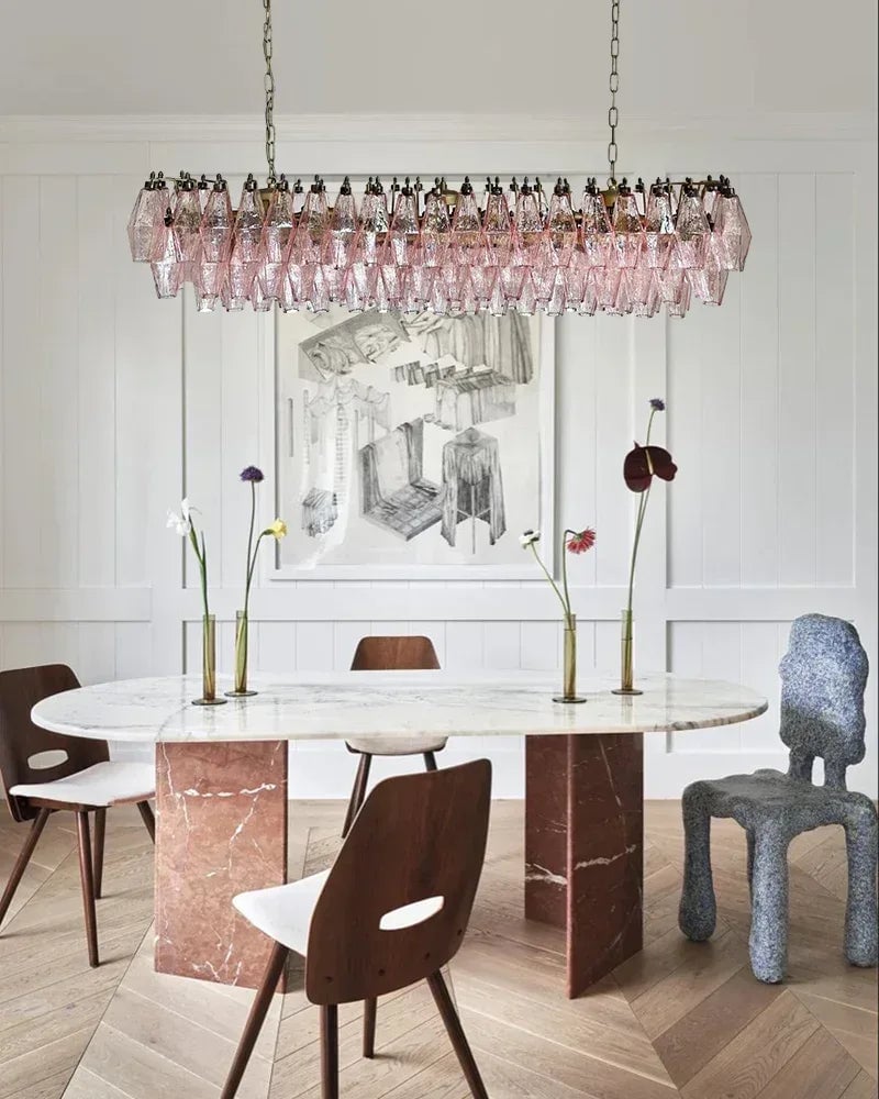 Cortina Murano Glass Geometric Rose Tinted Prism Linear Chandelier - Hand-Blown Murano Glass, Lux Gold Trim - Kitchen Islands & Dining Rooms