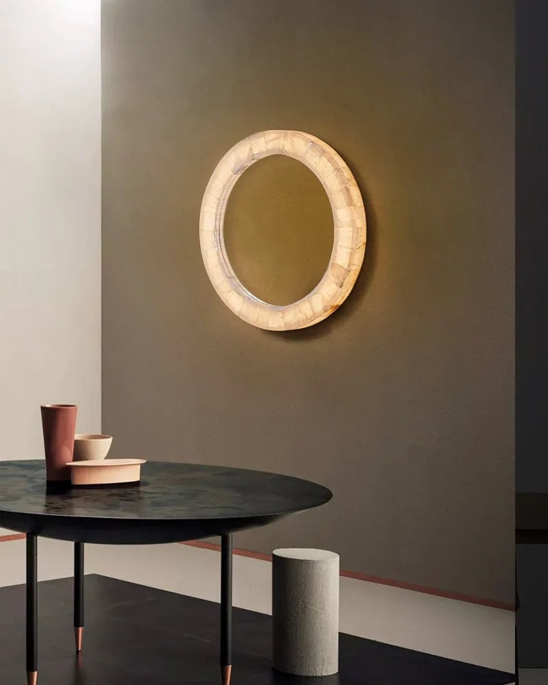 LightsStory Series Geometric Wall Sconce | Circular Mirror Raw Alabaster Marble and Reflective Mirror, Natural Stone Texture for Modern Bathrooms and Entryways - LightsStory Chandeliers & Crystal Lighting - USA