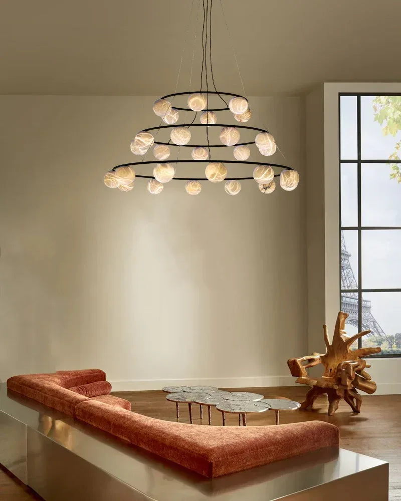 LightsStory Series Geometric Chandelier | Tiered Orb Cluster Hand-Carved Natural Alabaster, Antique Black and Brass finish for Modern Dining Rooms and Grand Foyers Modern Pendant lamp