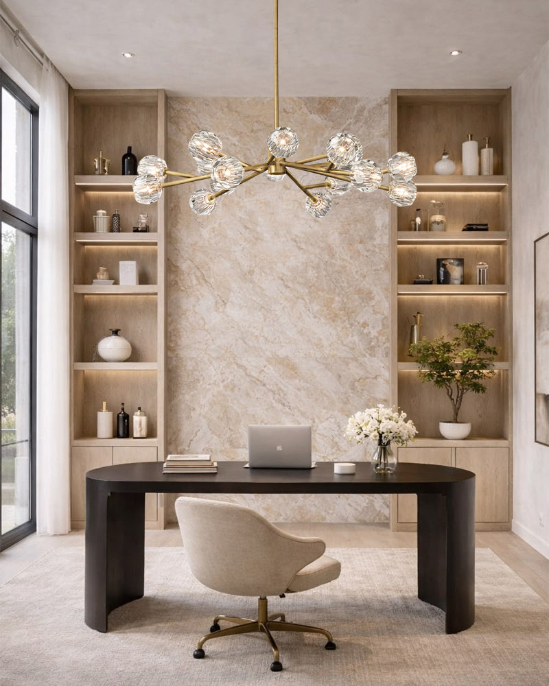 K9 Crystal Gemstone Globe Sputnik Chandelier - K9 Crystal, Lux Brass Trim - Living Rooms, Bedrooms, Dining Rooms