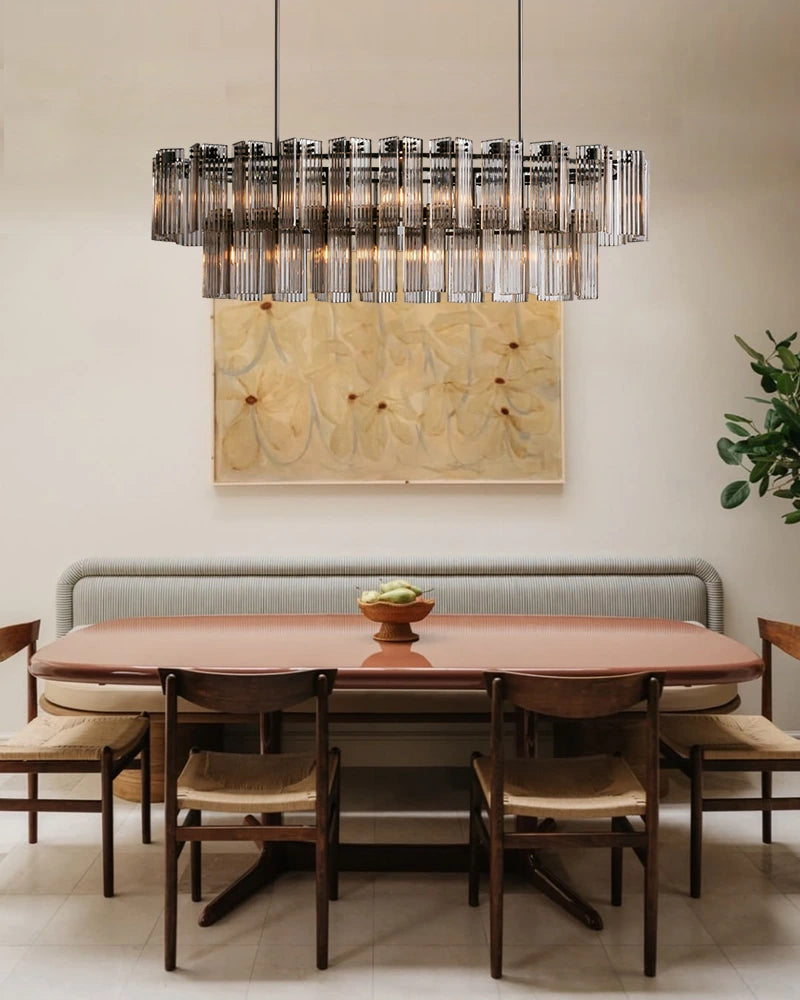 Saint-Cirq Series Refractive Chandelier | 2-Tier Oval Reeded Clear and Smoke Glass with Steel, Brushed Black and Brass for Dining Rooms and Entryways American chandelier