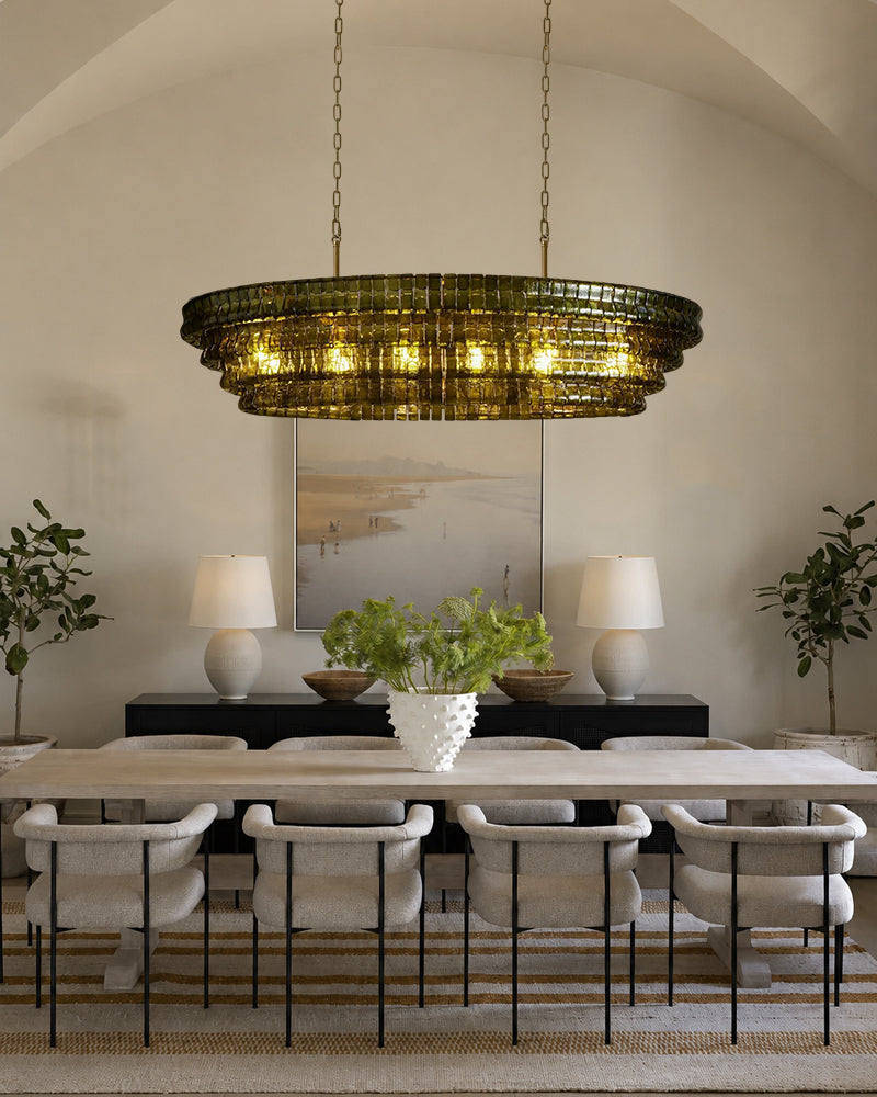Brina Ghiaccio Smoked Green Murano Glass Oval Linear Chandelier - Textured Ice Glass, Lux Gold Trim - Kitchen Islands & Dining Rooms