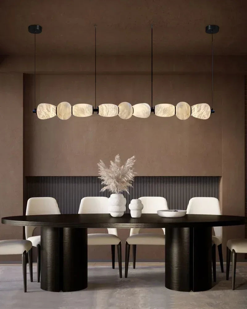 6-light Antique Brass String Hanging Light with Alabaster Stone Shade Modern Pendant lamp