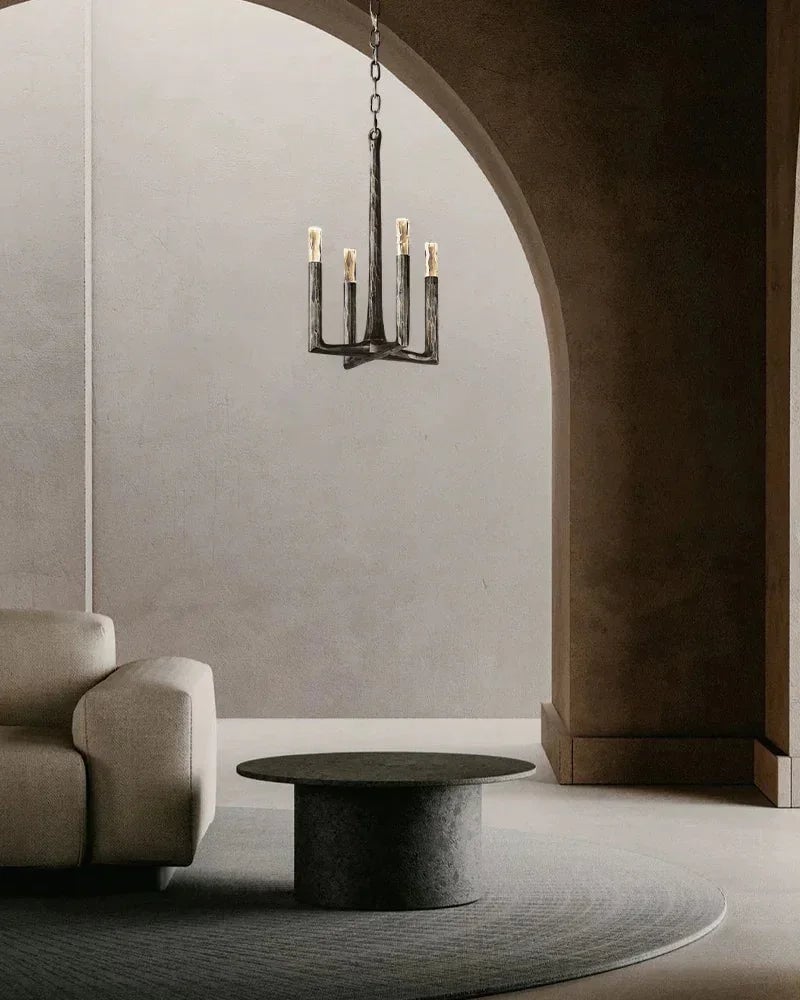 Elmsworth Series Architectural Linear Chandelier | Hand-Hammered Linear Hand-Forged Raw Iron, Bold Matte Black for Dining Rooms and Open Concept Spaces American Vintage chandelier lamp