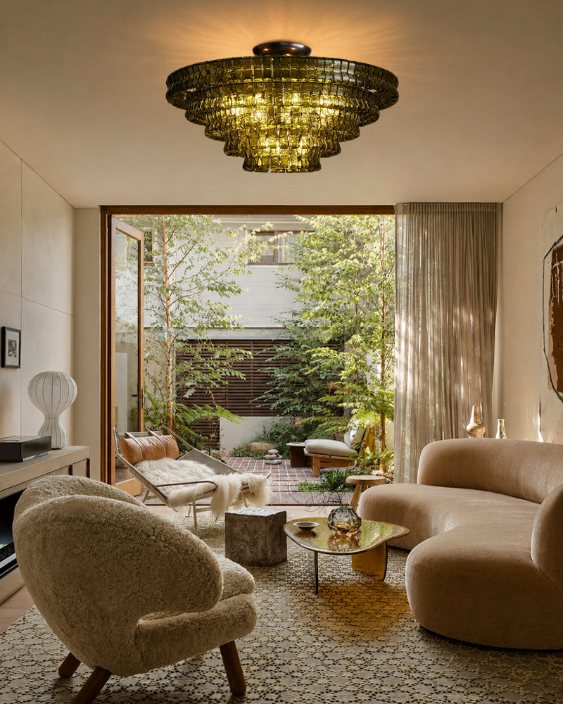 Brina Ghiaccio Murano Glass Smoked Green Cascade Ceiling Light - Textured Glass, Semi Flush Mount - Living Rooms & Dining Rooms.