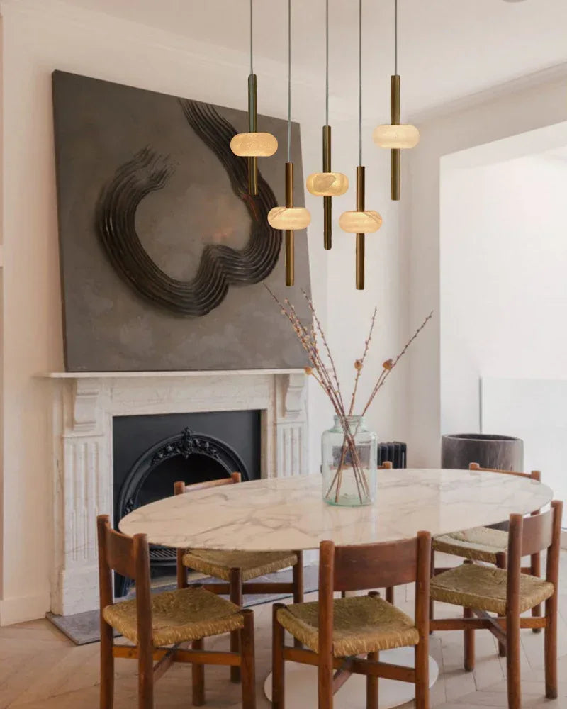 Villa 5 Light New Age Brass Cluster Pendant Light with 4in White Spanish Alabaster Shades Modern Pendant lamp