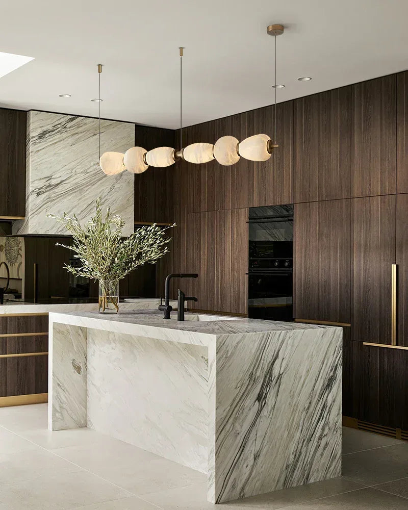 6-light Antique Brass String Hanging Light with Alabaster Stone Shade Modern Pendant lamp