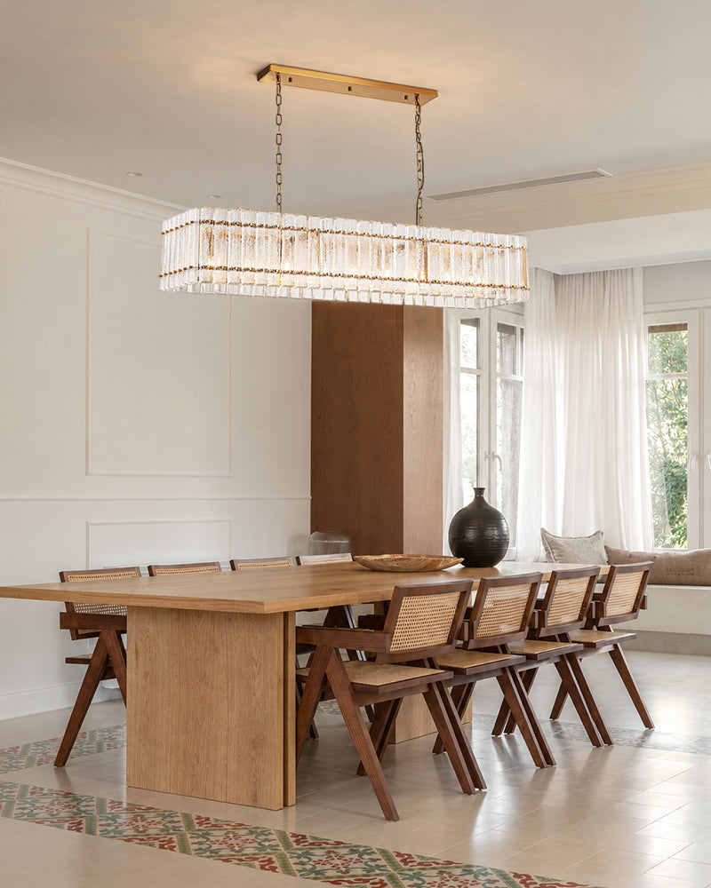 Solstice Aura Ghiaccio Glass Linear Chandelier - Lux Gold Trim - Kitchen Islands & Dining Rooms