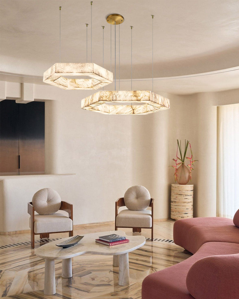 American Coastal Lighting Design LED Triple Ring Hexagon Pendant Lighting with Alabaster Shade Vintage Simple Pendant Lamp
