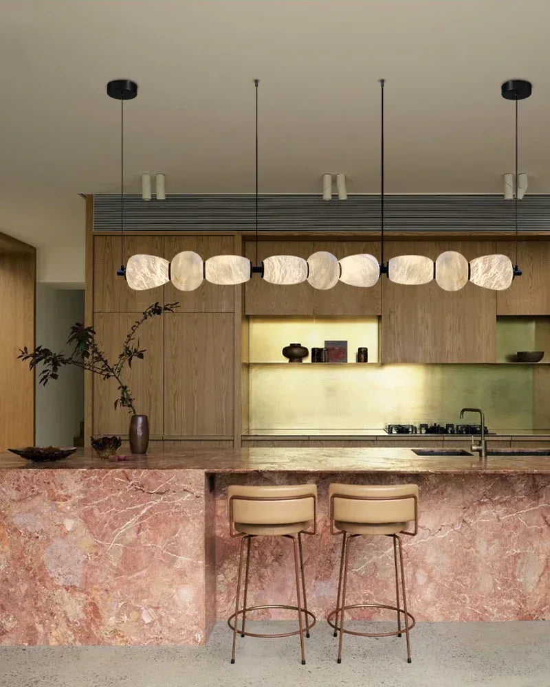 6-light Antique Brass String Hanging Light with Alabaster Stone Shade Modern Pendant lamp