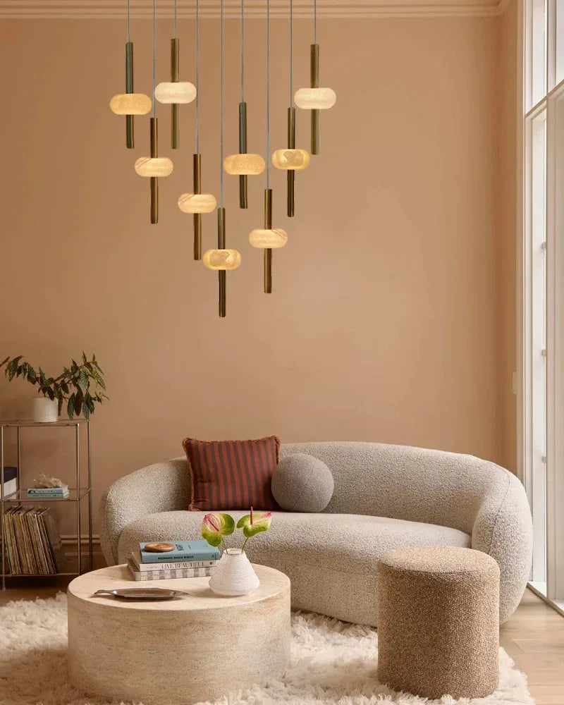 Villa 5 Light New Age Brass Cluster Pendant Light with 4in White Spanish Alabaster Shades Modern Pendant lamp