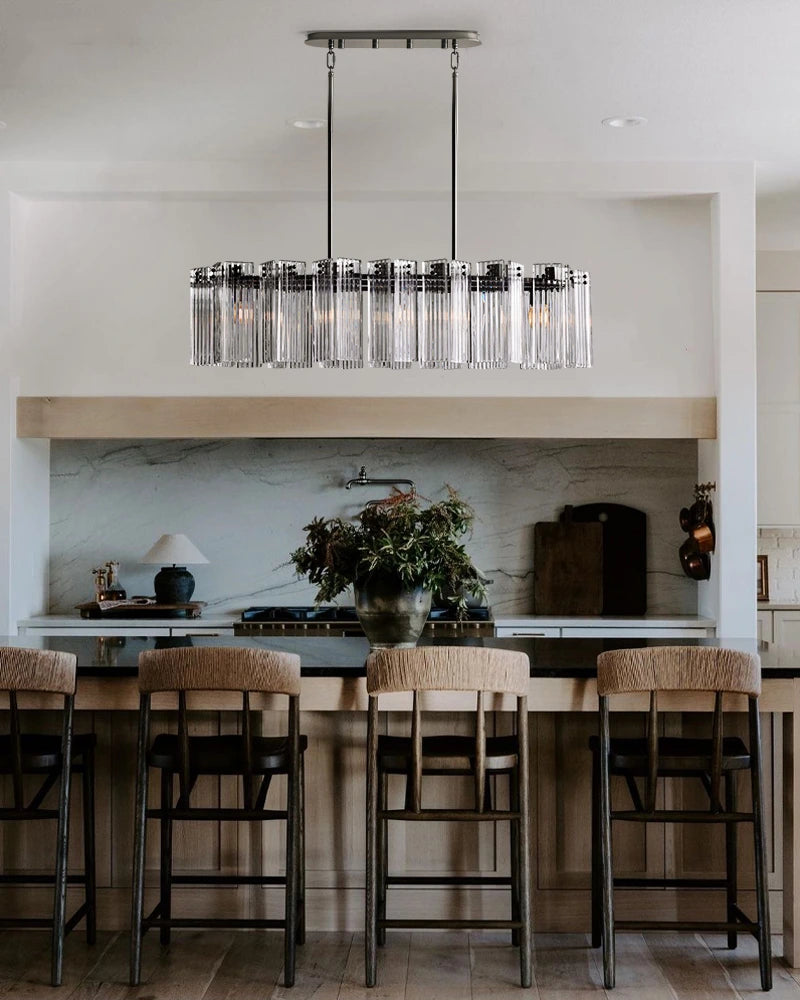 Saint-Cirq Series Refractive Chandelier | Rectangular Tier Reeded Clear and Smoke Glass Panels with Steel, Brushed Black or Brass for Dining Rooms and Entryways American chandelier