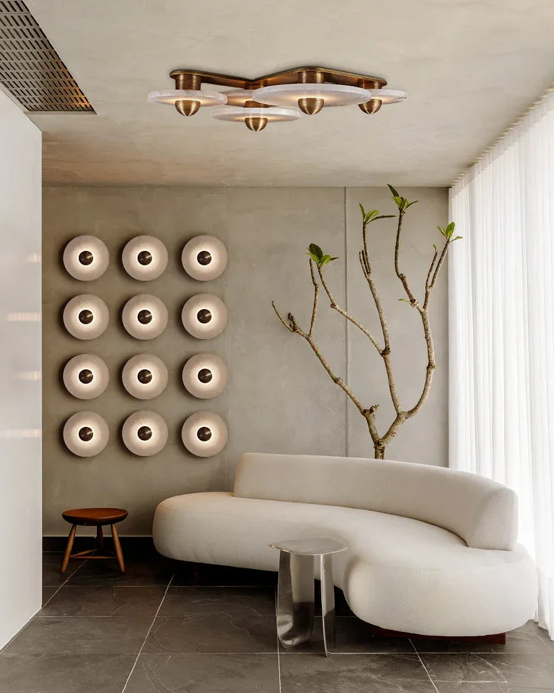 Modern Brass Hardwared Round Alabaster Conbination Plug-in Wall Lamp 10" Wide Modern Art Design Wall Lamp