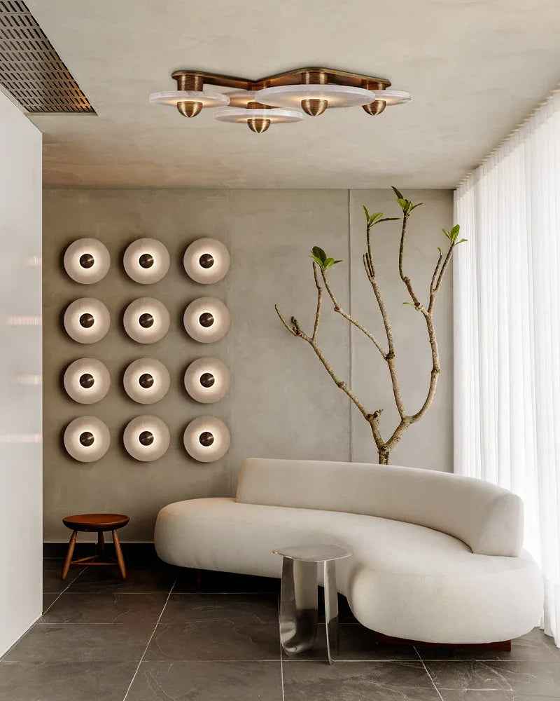 LightsStory Series Geometric Wall Lamp | Round Alabaster Natural veined alabaster planes and polished fluted brass, Polished fluted brass finish for Sophisticated living spaces and bedside accents Modern Art Design Wall Lamp