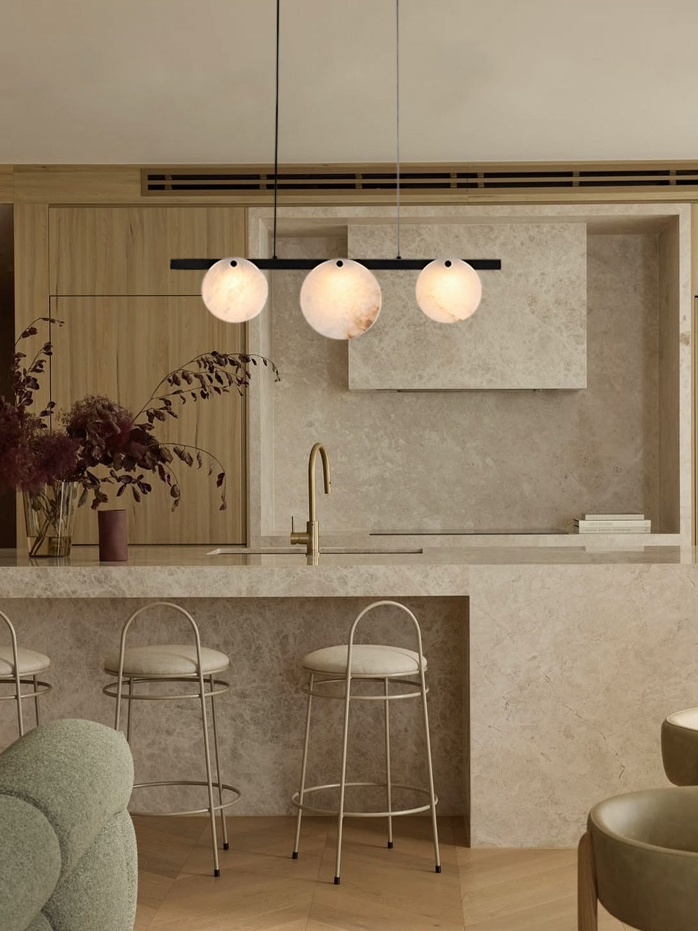 LightsStory Alabaster Statement Pendant Light - Linear Round Brass