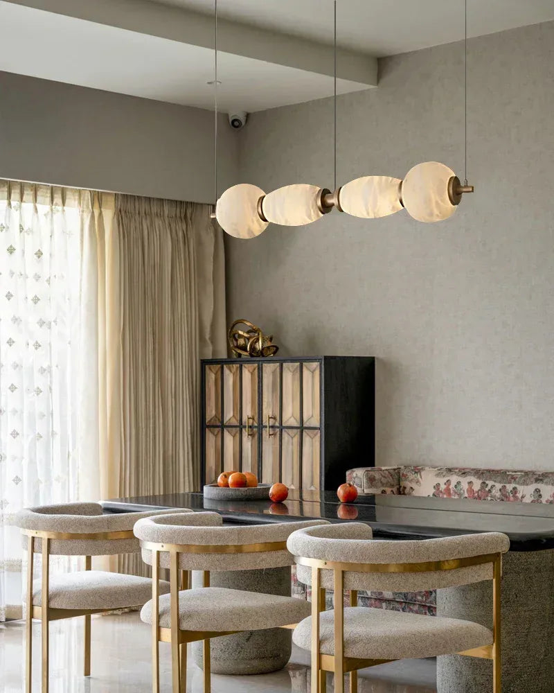 6-light Antique Brass String Hanging Light with Alabaster Stone Shade Modern Pendant lamp