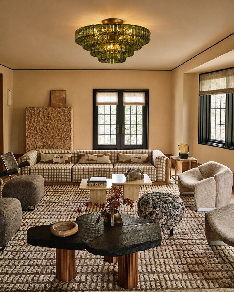 Brina Ghiaccio Murano Glass Smoked Green Cascade Ceiling Light - Textured Glass, Semi Flush Mount - Living Rooms & Dining Rooms.