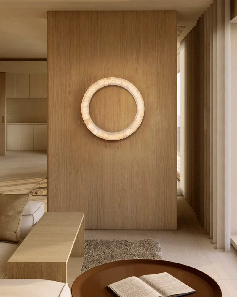 LightsStory Series Geometric Wall Sconce | Circular Mirror Raw Alabaster Marble and Reflective Mirror, Natural Stone Texture for Modern Bathrooms and Entryways Flush Mounted Wall Sconce Lamp