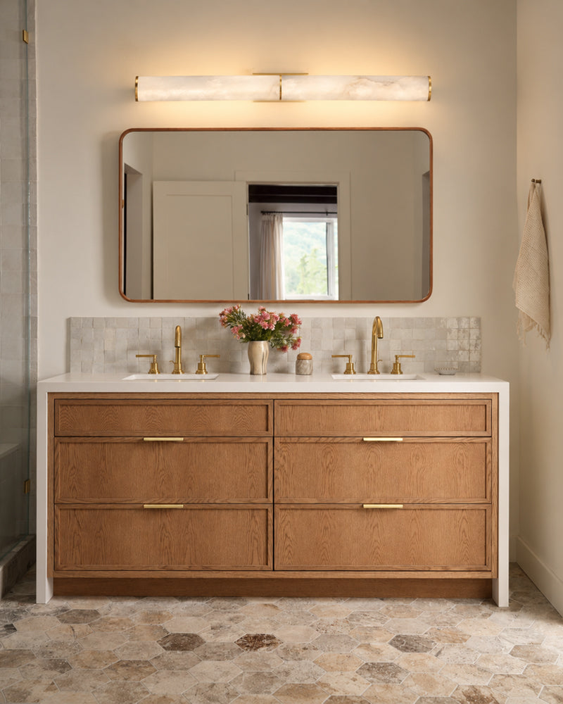 Cora Alabaster Halo Capsule Double Wall Sconce Light - Natural Spanish Alabaster, Lux Gold Trim - Hallways, Bedrooms & Bathrooms