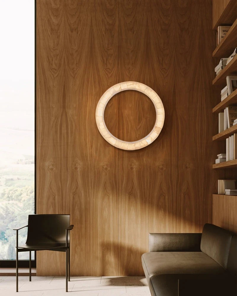 LightsStory Series Geometric Wall Sconce | Circular Mirror Raw Alabaster Marble and Reflective Mirror, Natural Stone Texture for Modern Bathrooms and Entryways Flush Mounted Wall Sconce Lamp