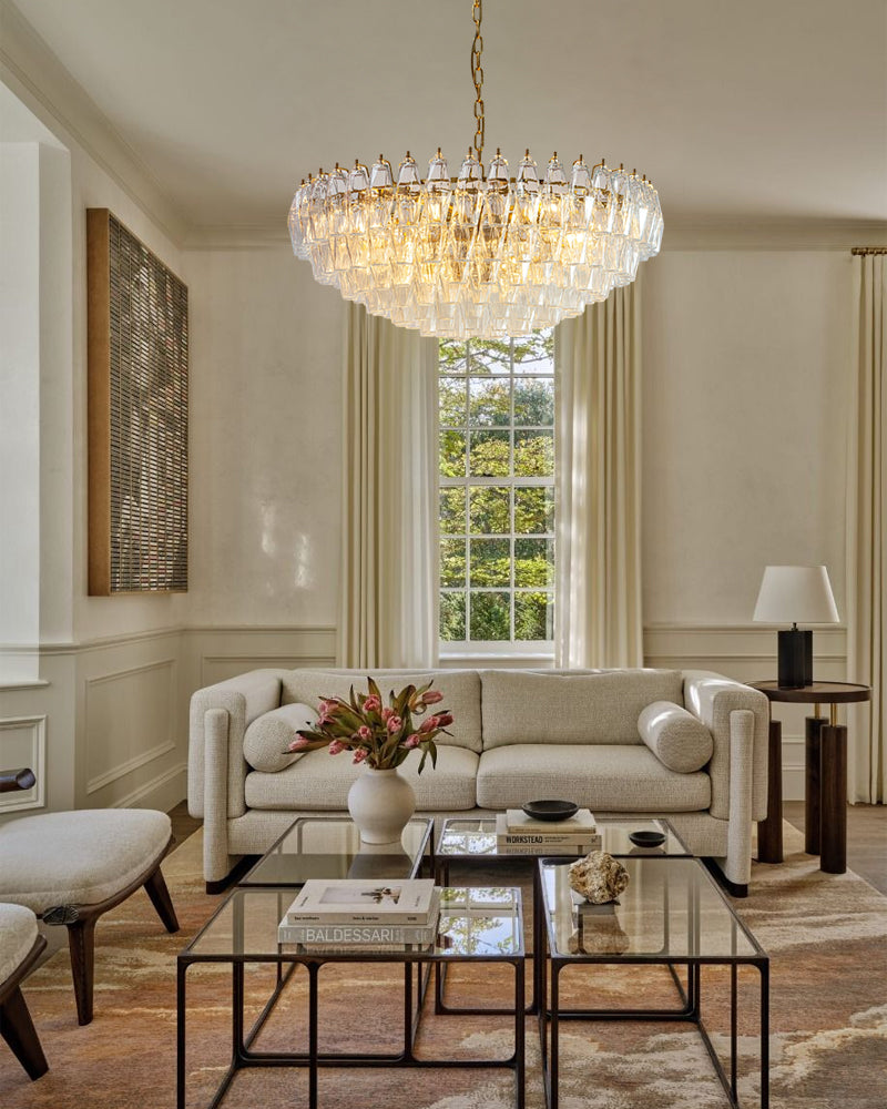 Cortina Murano Glass Multi-Tiered Dome Chandelier - Hand Blown Murano Glass, Lux Brass Trim - Living Rooms, Bedrooms, Dining Rooms