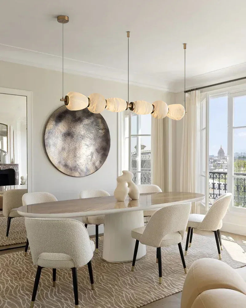 6-light Antique Brass String Hanging Light with Alabaster Stone Shade Modern Pendant lamp