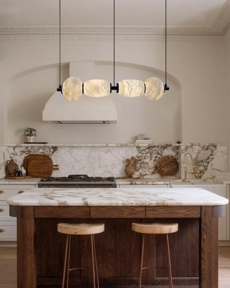 6-light Antique Brass String Hanging Light with Alabaster Stone Shade